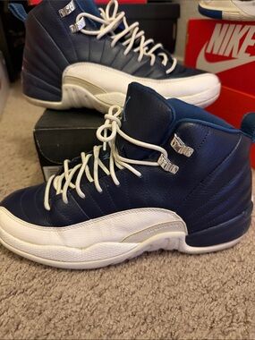 Kids Jordan 12 Navy and White Basketball High-Tops by